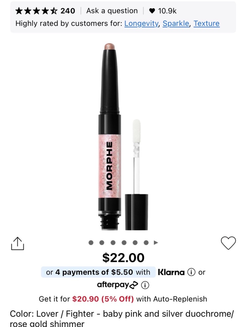 Morphe Lover / Fighter Baby Pink Rose Gold Shimmer Dual-Ended Eyeshadow